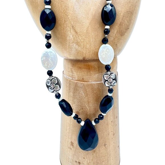 Sterling Silver Faceted Onyx Bead Necklace Oval Coin Pearls Toggle Latch 925 18" - Picture 5 of 7